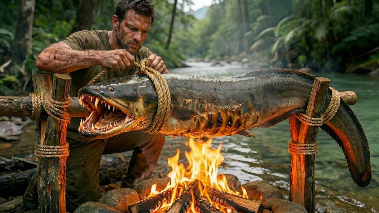 Cooking 30KG Giant Electric Eel in the Forest | Extreme Survival