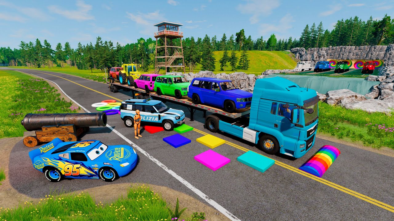 Flatbed Truck McQueen | Transportation with Truck - Pothole vs Car #18 | BeamNG.Drive Gameplay