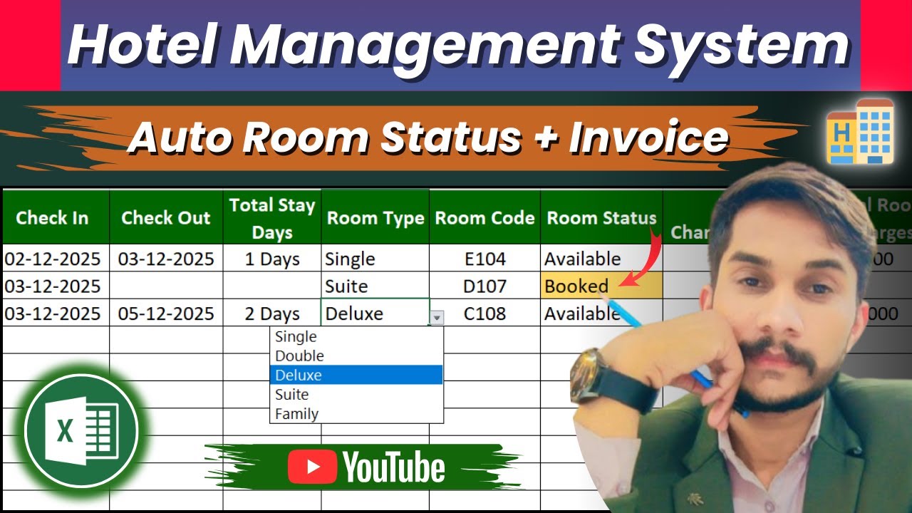 👉 Excel Hotel Booking Management System | Auto Room Booking, Room Status & Customer Invoice 🏨