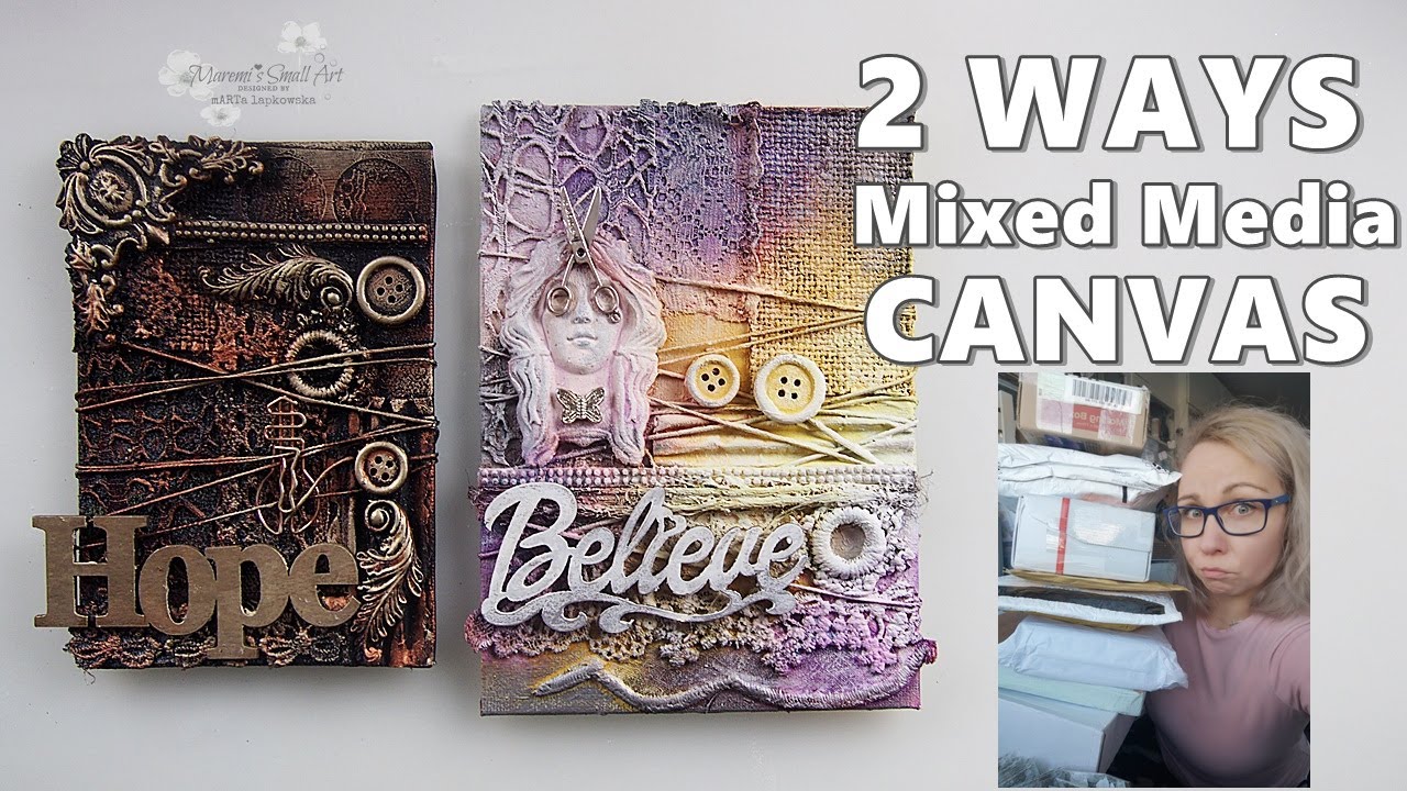 Same products - 2 WAYS for Mixed Media CANVAS - Supplies from Subscribers #3 ♡ Maremi's Small Art ♡