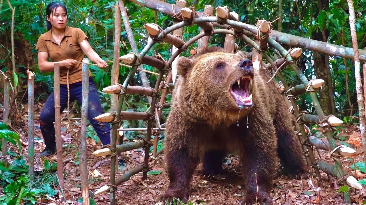 100 Days of Survival: Making a Handmade Wooden Trap to Defend Yourself Against a 500kg Brown Bear
