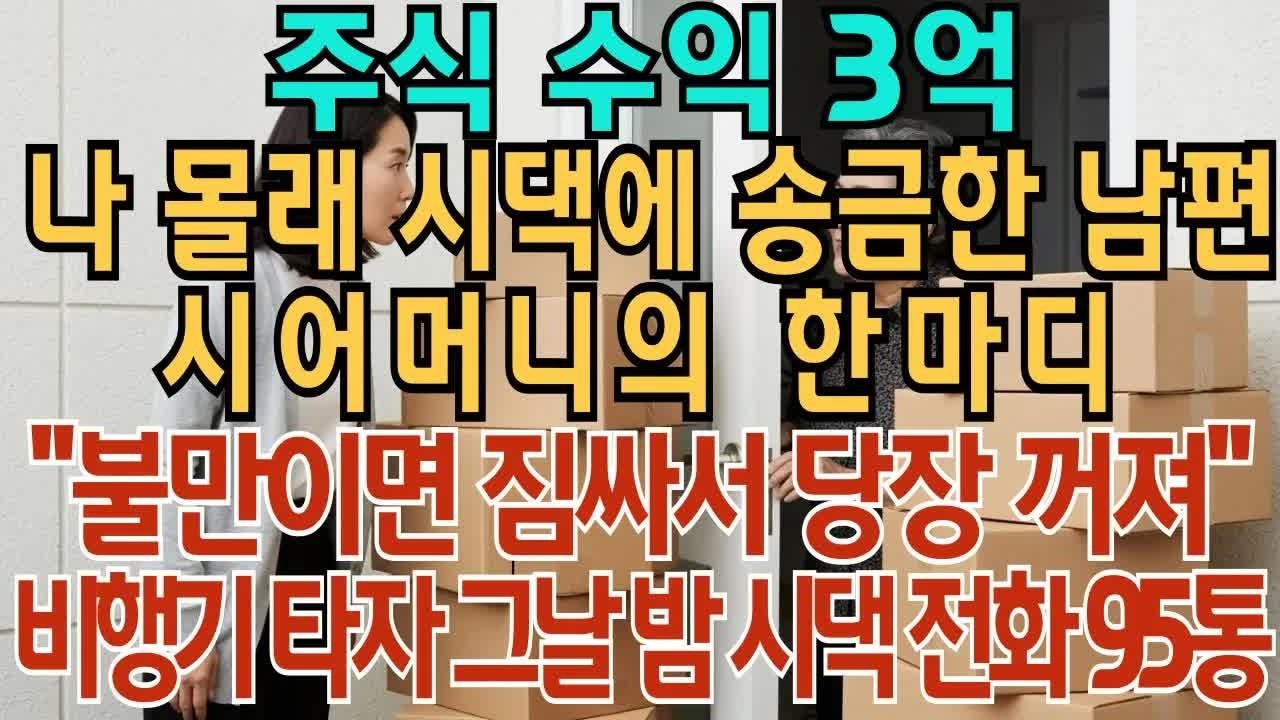 주식 수익 3억 나 몰래 시댁에 송금한 남편 시어머니의 한마디 ＂불만이면 짐 싸서 당장 꺼져＂ 비행기 타자 그날 밤 시댁 전화 95통