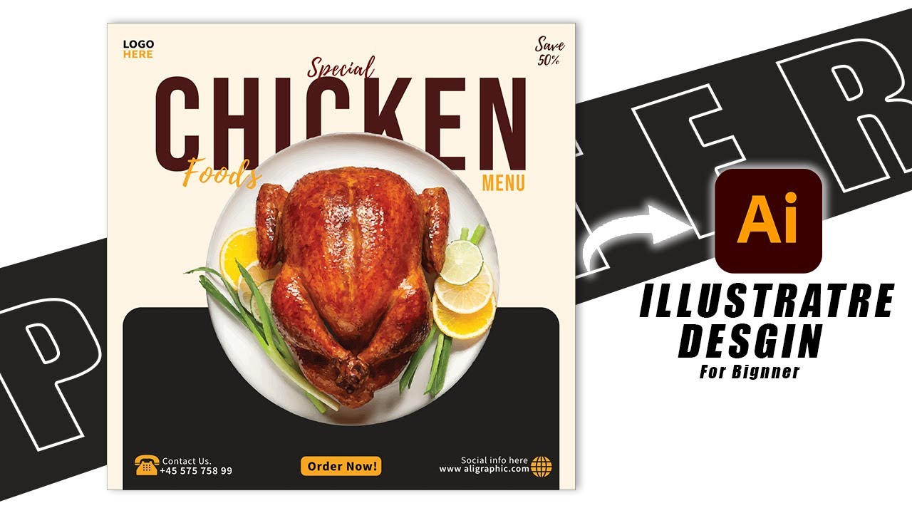 How to create a🍗Chicken Food Poster Design in Adobe Illustrator | Restaurant Menu Flyer Tutorial 🎨