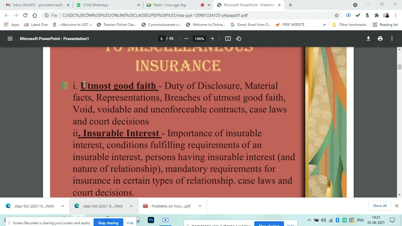 INSURANCE PROMOTION //  IRDA FUNCTIONS // 03 08 2021 // I B.COM SEMESTER I