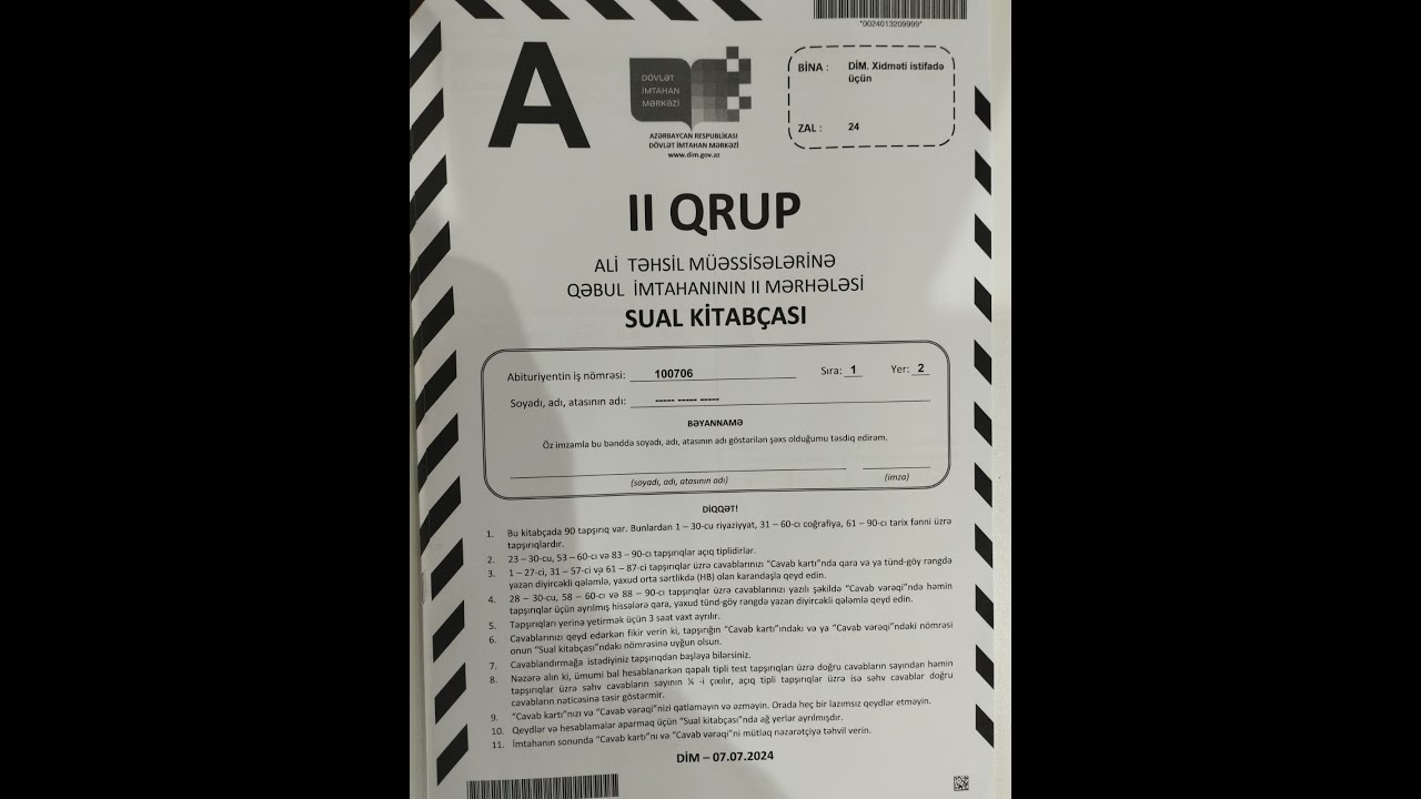 7 iyul 2024. II qrup. Riyaziyyat. 2-ci cəhd