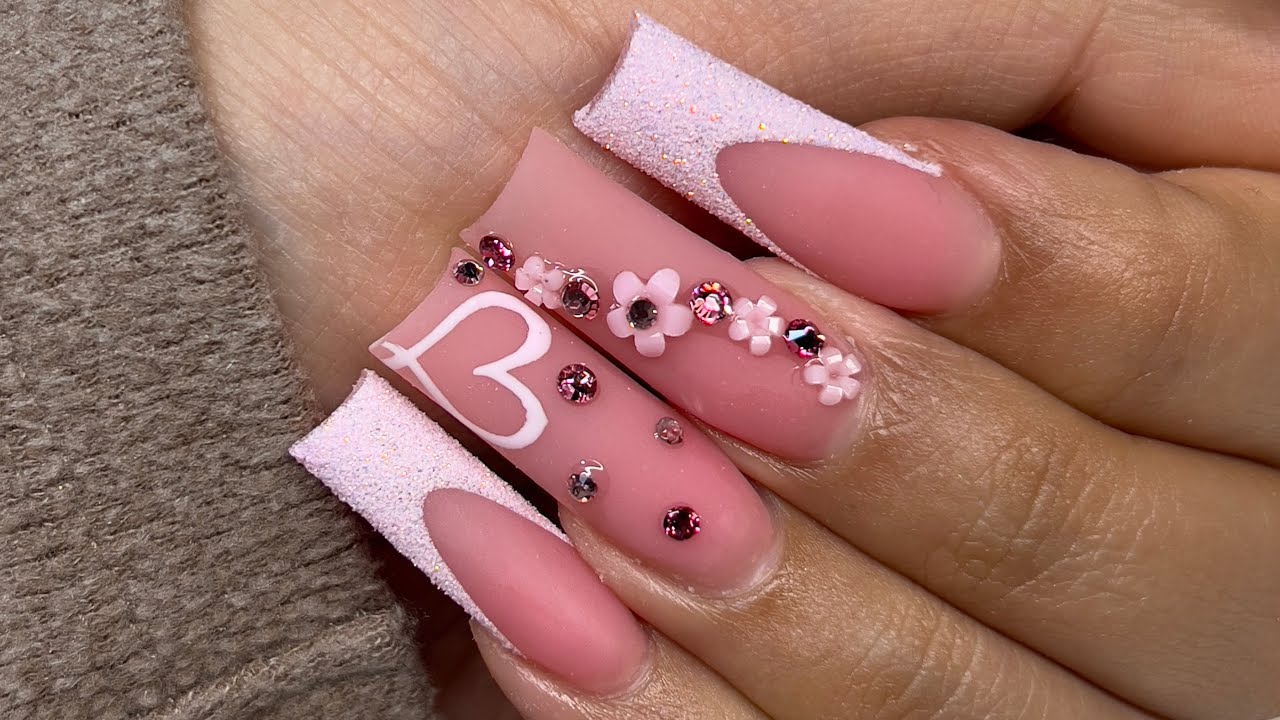 Light Pink Glitter French Tips & Nail Art | Valentine’s Day Nails | Acrylic Nails Tutorial