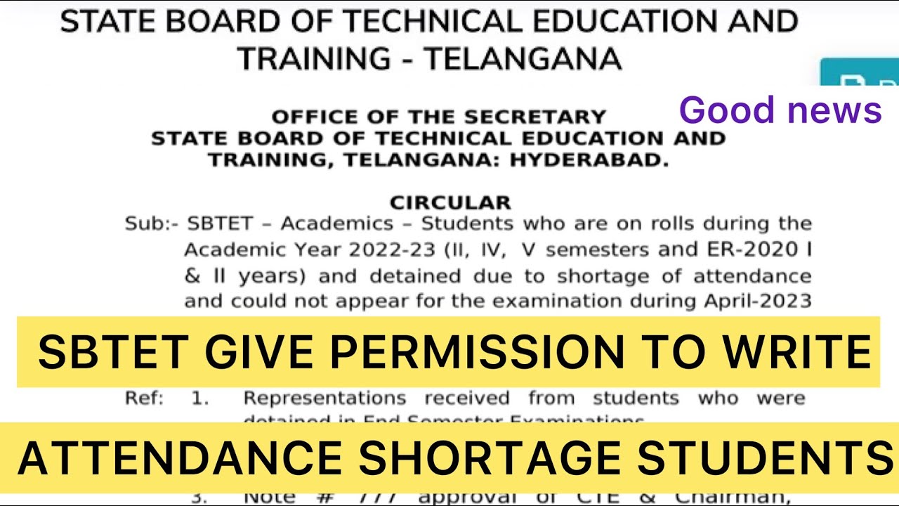 TS Sbtet Diploma shortage of attendance permitted to write Exams | Sbtet latest circular