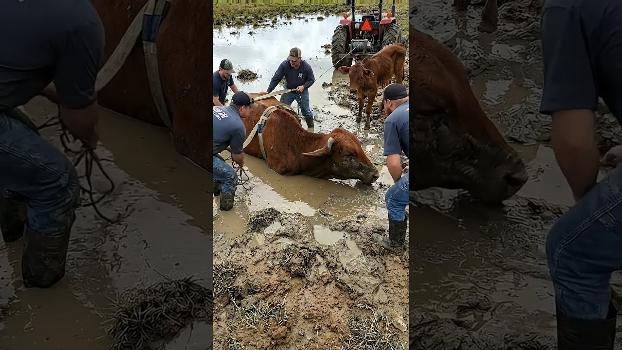 A tractor winch slowly pulls a mud-trapped cow from a flooded field while rescuers guide the.