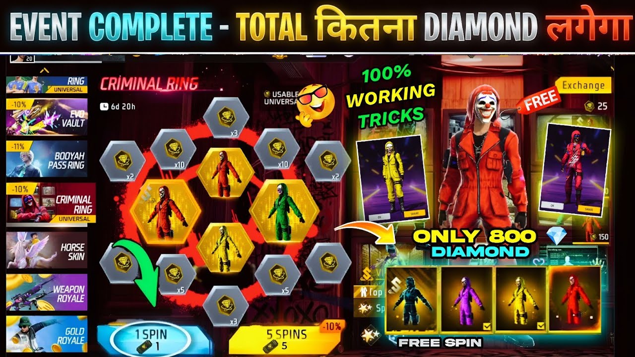 Criminal Ring Event Free Spin Trick💥🤯| Top Criminal Bundle Only 800 Diamond l Free Fire New Event
