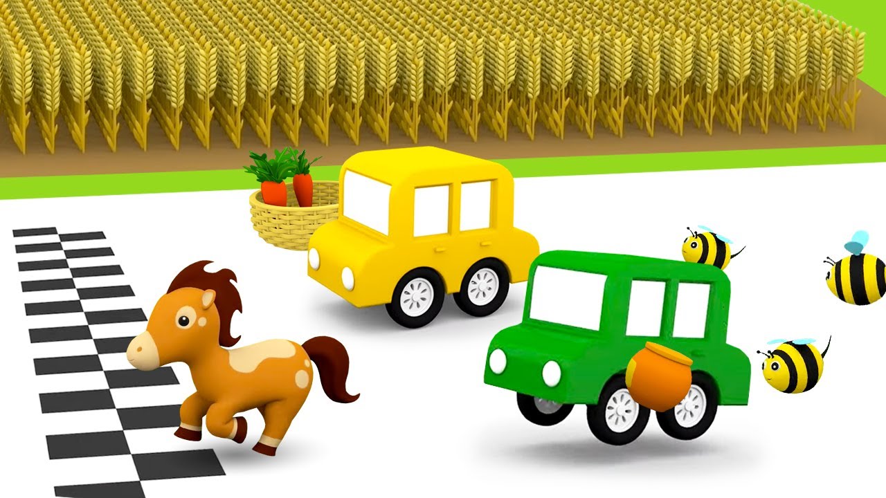 Os quatro carros coloridos cuidam dos cavalinhos e brincam na fazenda! Desenho animado infantil