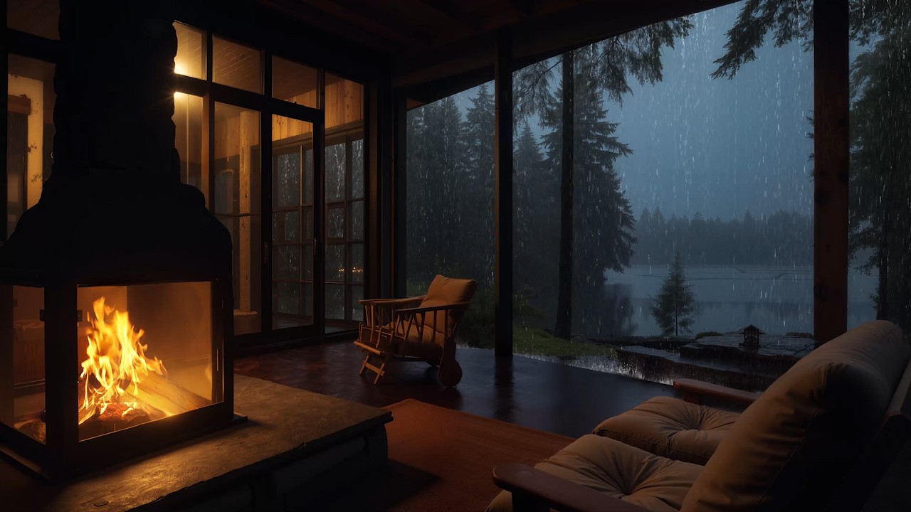 Warm Cabin by The Lake with Cozy Fireplace Burnings | Calm Nature Sounds for Relax