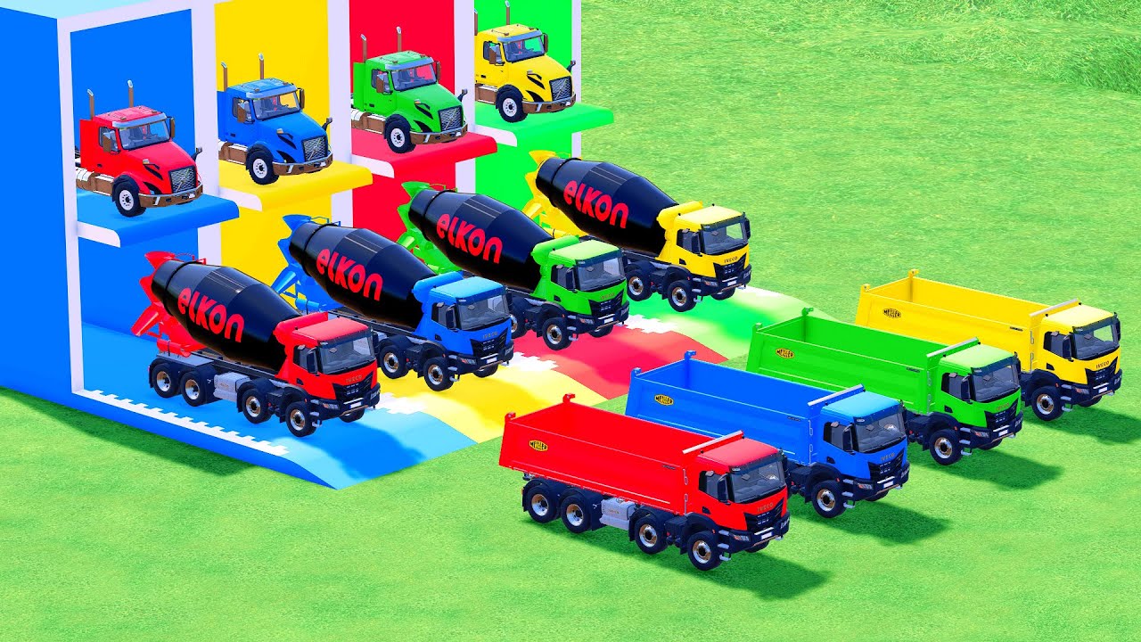 Garage with Colors - ALL MIXER TRUCK WITH DOUBLE FLATBED TRAILER TRUCK, MAN, PHOENIX, TATRA - FS22