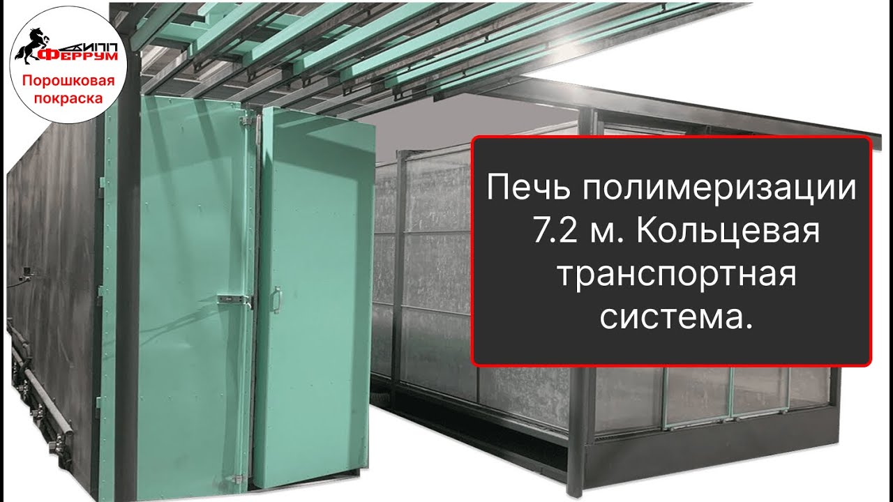 Газовая печь полимеризации для порошковой краски. 7.2 метра. Кольцевая транспортная система.