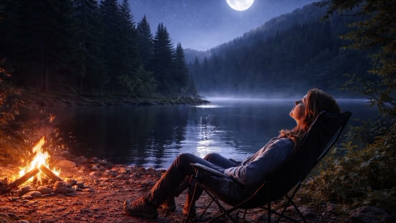 Night Campfire by the Lake 🌙 Deep Sleep & Relaxing Night Ambience (1 Hour)