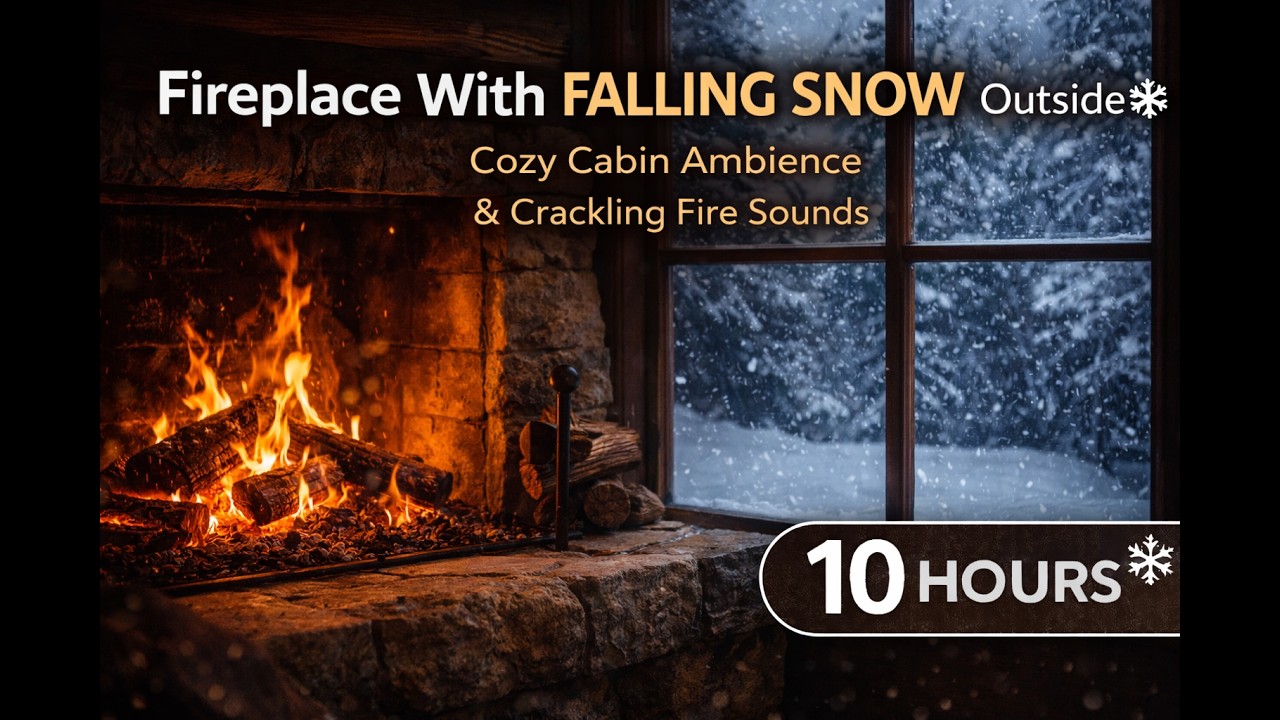 Fireplace With Falling Snow Outside ❄️ Cozy Cabin Ambience & Crackling Fire Sounds | 10 Hours