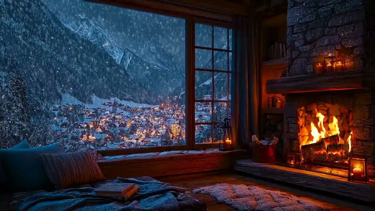 Warm Winter Cabin Retreat with Gentle Fire Crackles and Falling Snow for Deep Sleep and Study