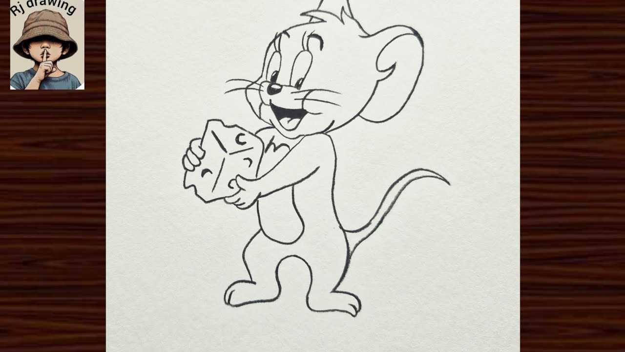 Smart jerry with cheese cake easy outline pencil drawing I tom and jerry cartoon art