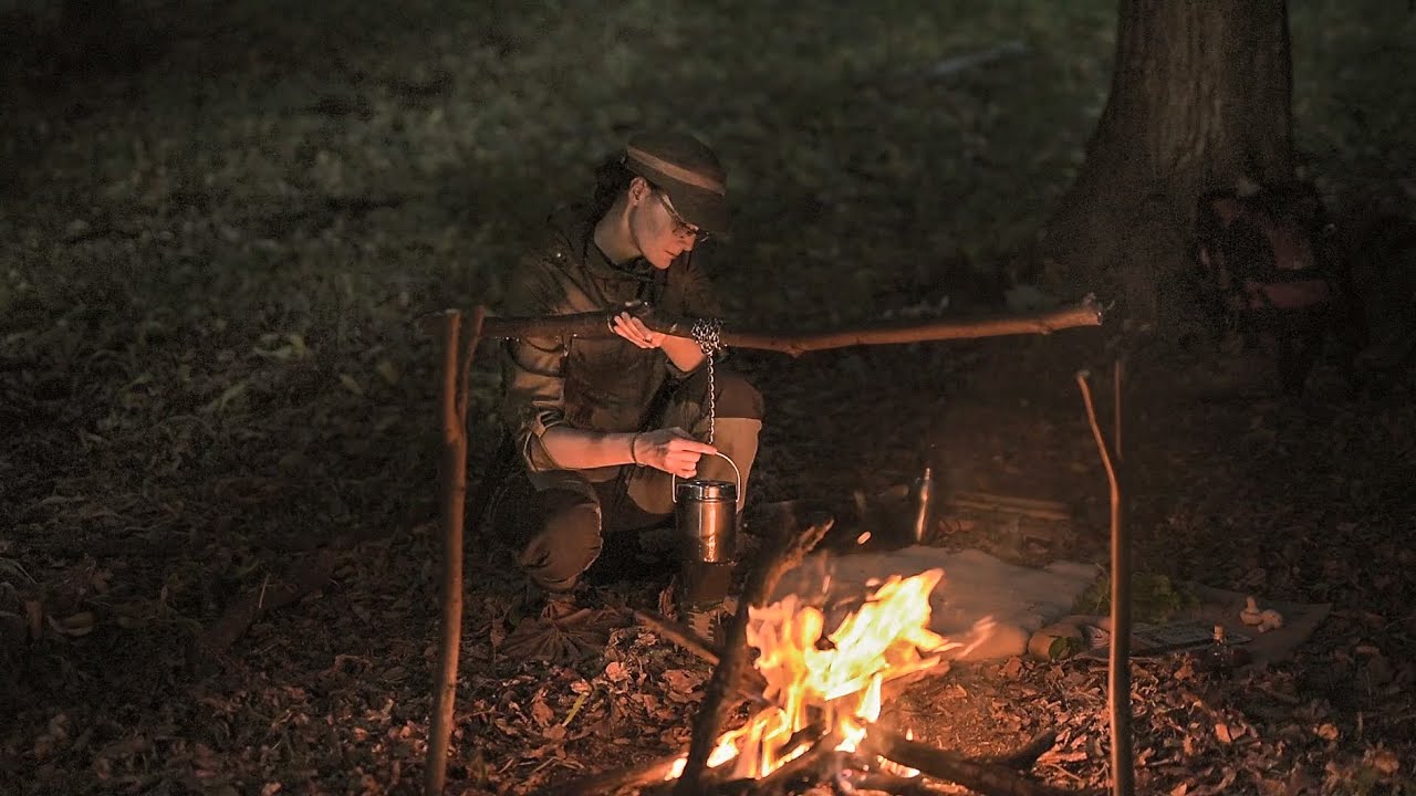 Bushcraft Solo Overnight - hammock camping, cooking, drill bit handle & trekking pole making (Part1)