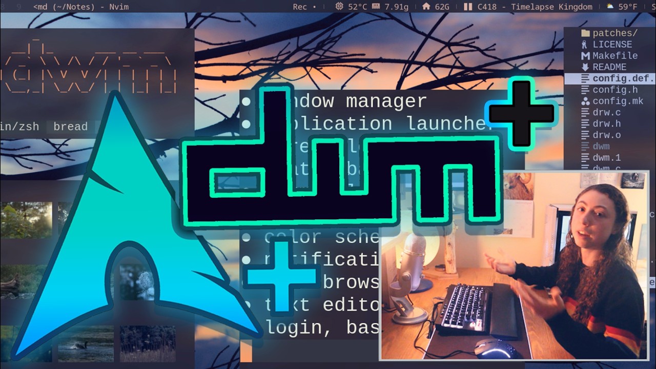 my full tiling wm setup: bar, editor, utilities, scripts, colors