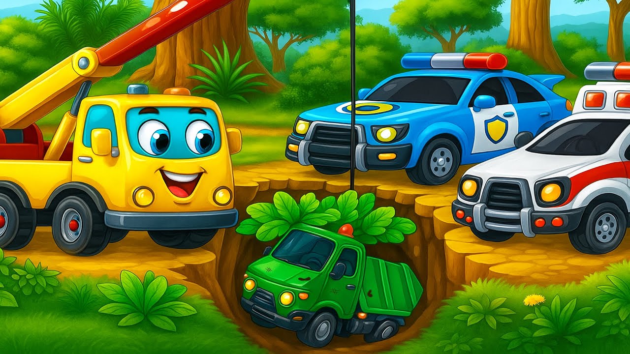 Crane & Police Vehicles Help Pull Silly Garbage Truck Out Of The Pit!🕳️🚓🚜 | Funny Vehicles Animation