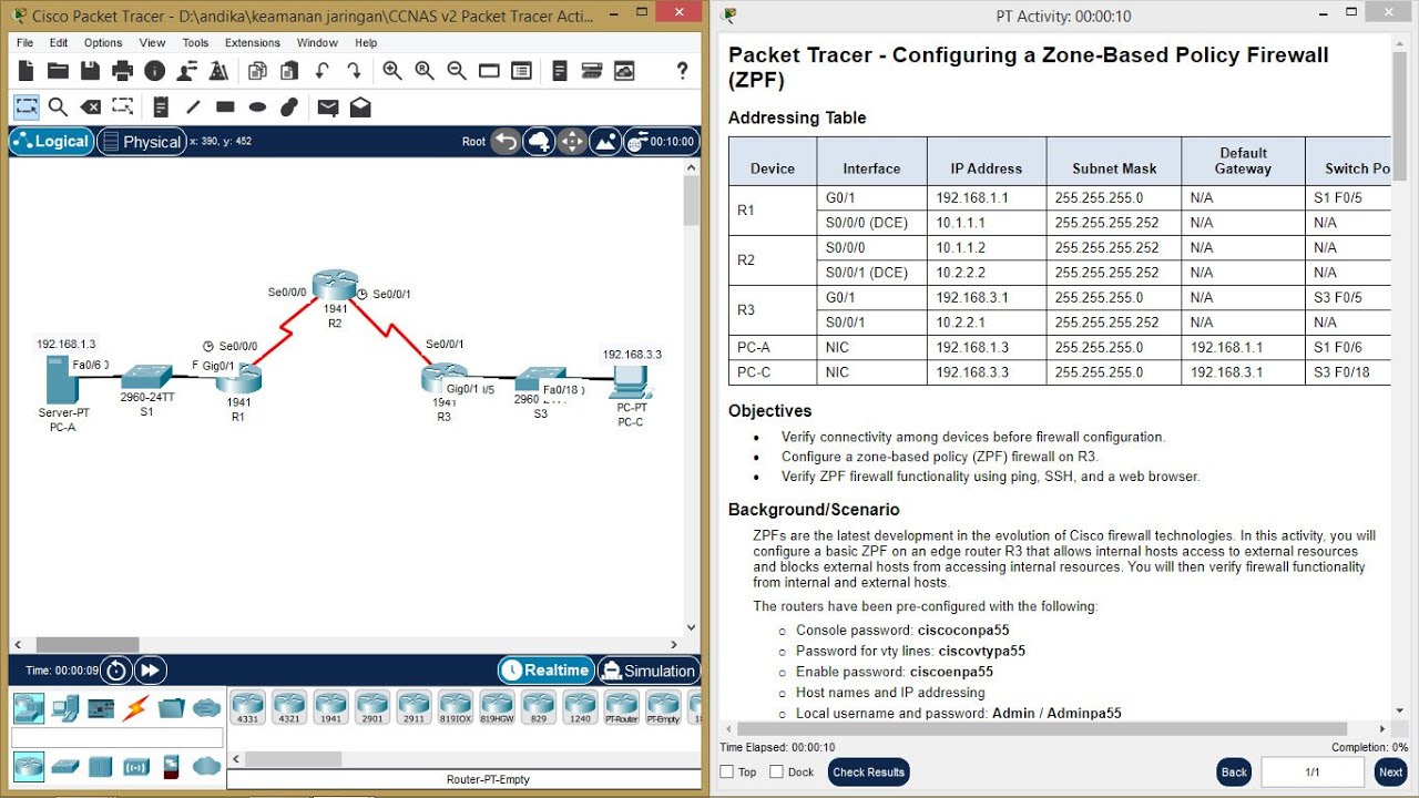 4.4.1.1 Packet Tracer-Configuring a Zone Based Policy Firewall ZPF
