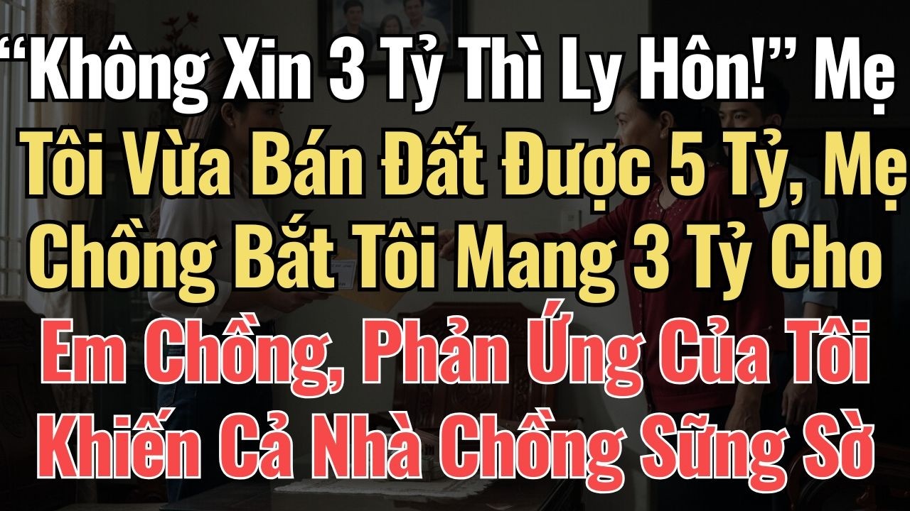 “Không Xin 3 Tỷ Thì Ly Hôn!” Mẹ Tôi Vừa Bán Đất Được 5 Tỷ, Mẹ Chồng Bắt Tôi Mang 3 Tỷ Cho Em Chồng