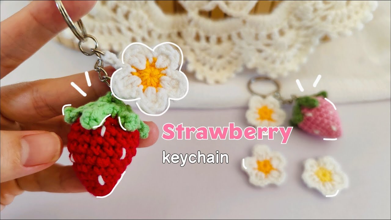 Crochet Strawberry 🍓 keychain #video #videos #tutorial #strawberry #keychain #cute