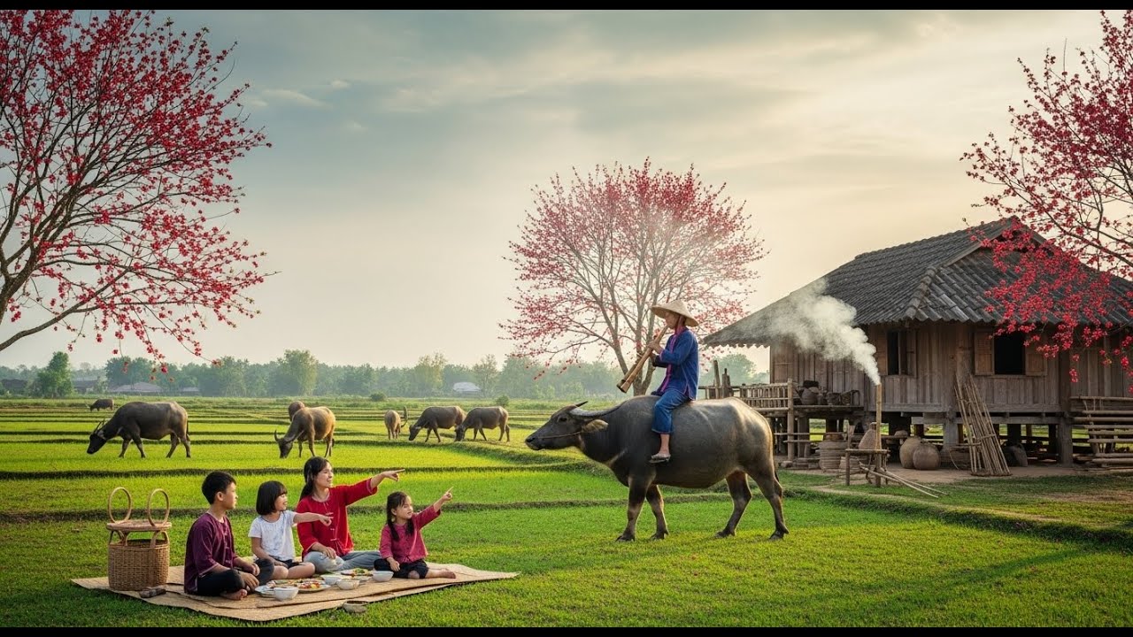 Peaceful Countryside Life – Farmer Playing Flute Among Buffaloes | Relaxing Rural Scene