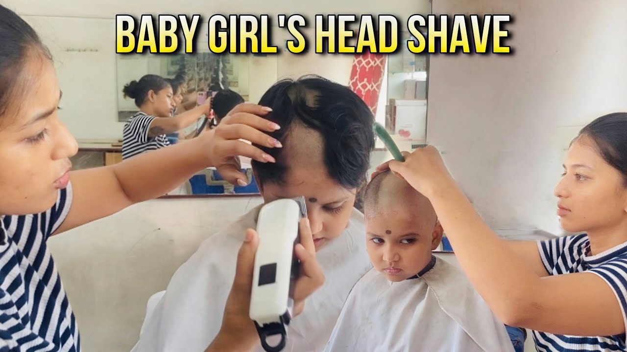 HEAD SHAVE 😍 Baby Girls Head shave with straight razor 🪒 by girl barber 💈
