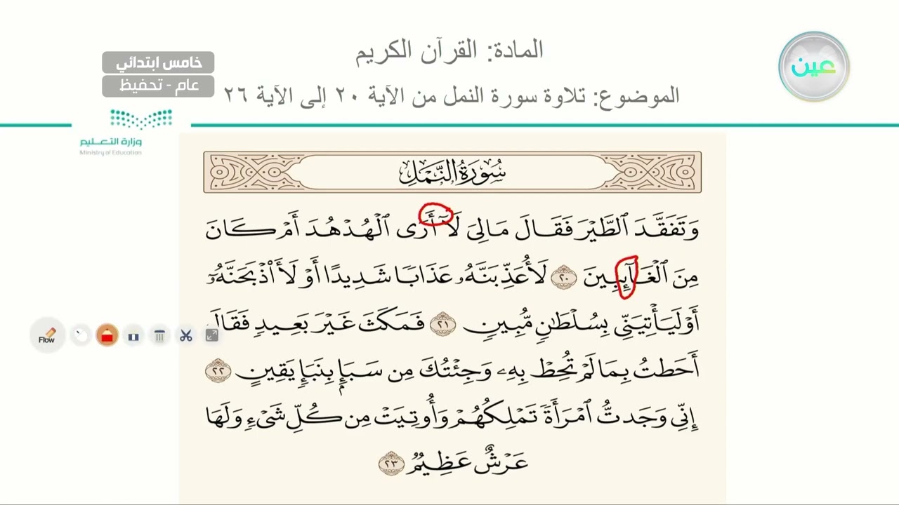 تلاوة سورة النمل من الاية 20 الى الاية 26 - القرآن الكريم (تحفيظ) - خامس ابتدائي