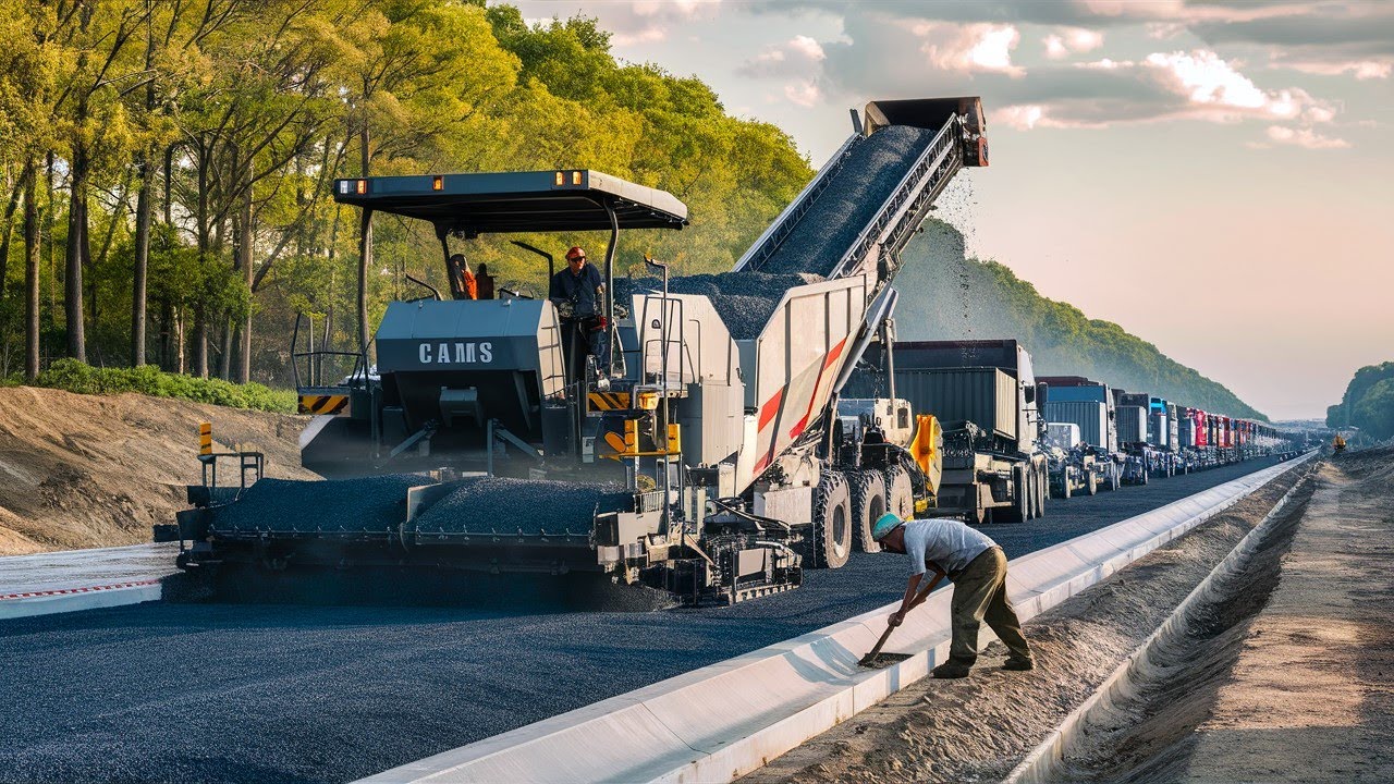 The equipment road building with paving machine operations gravel laying and compacting machinery