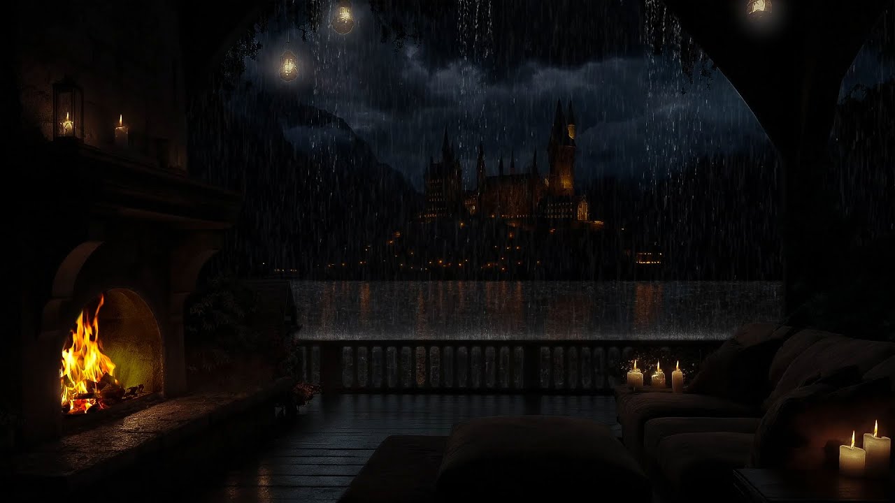 Cozy Fireplace on the Terrace ASMR | Soft Rain & Wind Sounds 💤🏰 – Ultimate Sleep Aid (6 Hours)