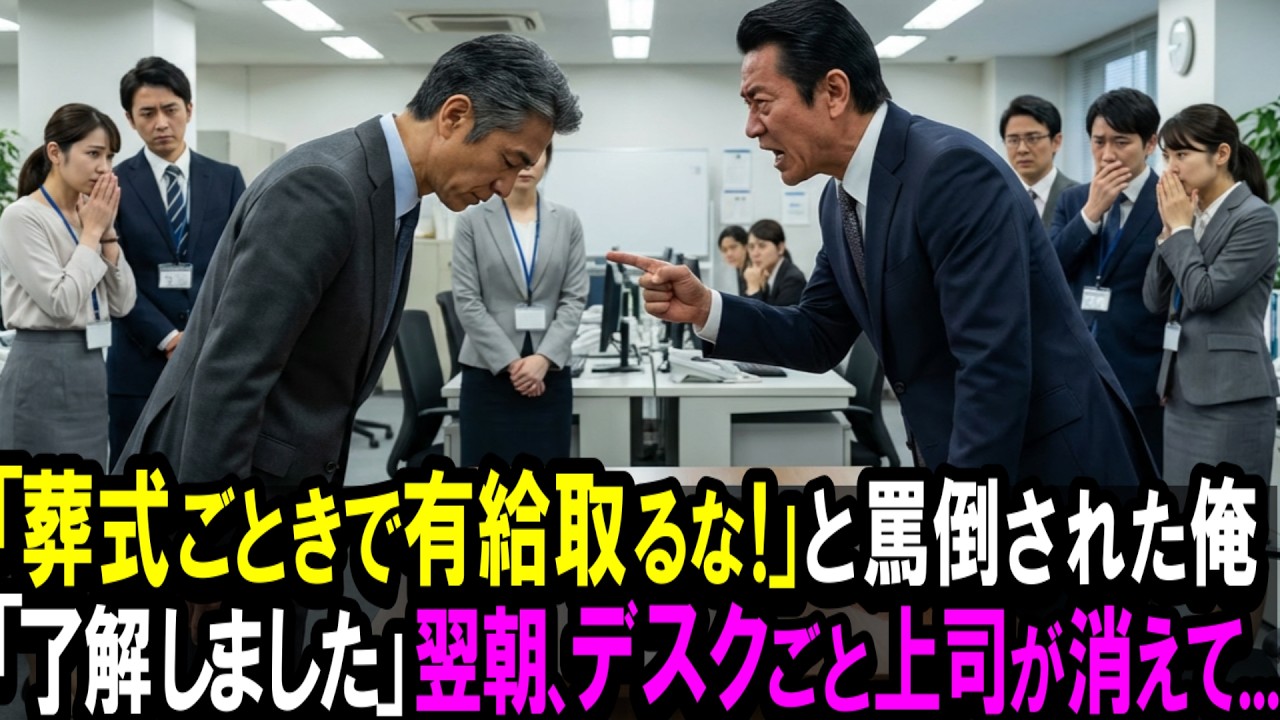 【スカッと】「葬式ごときで有給取るな！」と罵倒された中途社員。「了解しました」翌日、デスクごと部長が消えて…。【シニア】