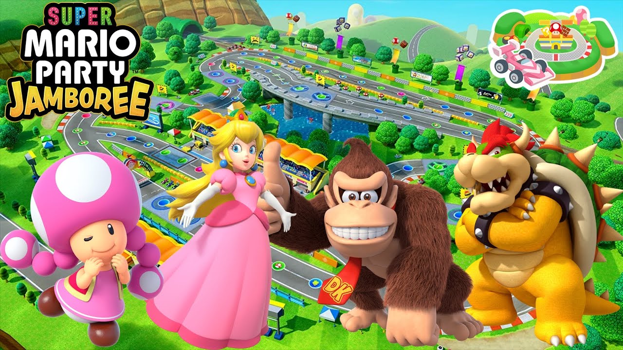 Super Mario Party Jamboree - Toadette vs Peach vs Donkey Kong vs Bowser  - Roll 'em Raceway
