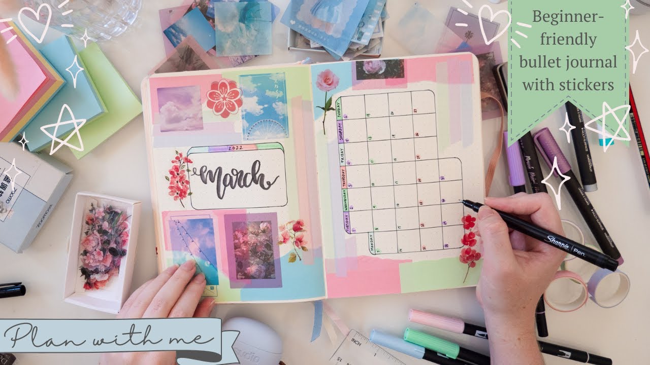 March 2022 Easy Beginner Bullet Journal | Pastel Theme Set Up with Stickers