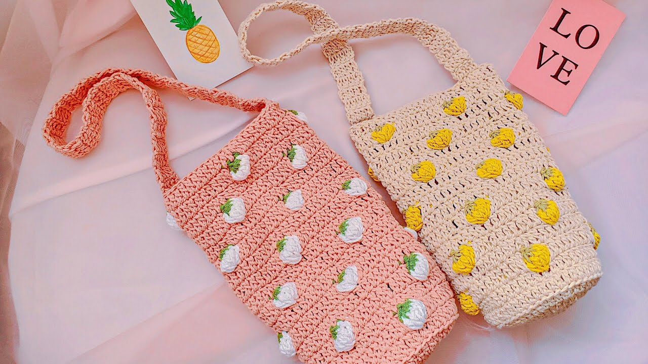 Crochet strawberry water bottle bag/holder for beginner móc túi quả dâu đựng bình nước siêu xinh ^^