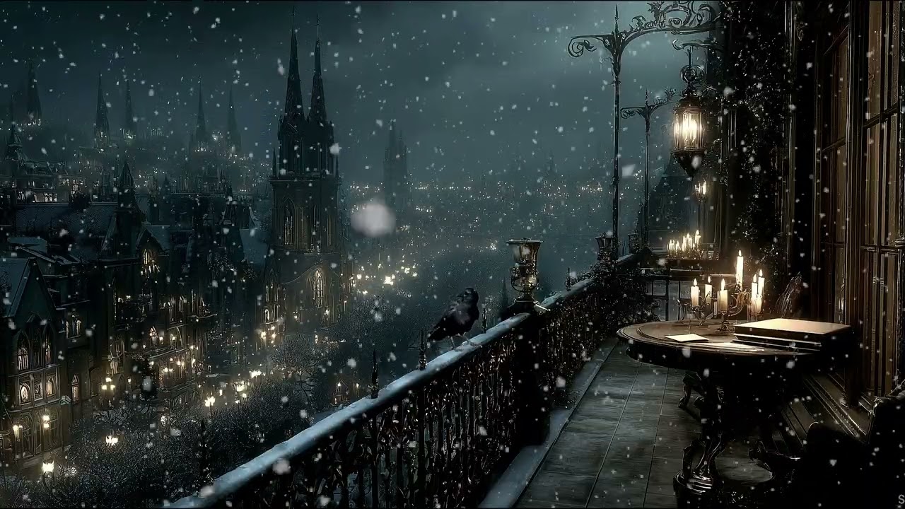 Snowy Gothic Study Room ❄️ Cozy Winter Balcony ❄️ Dark Academia Music for Studying and Working