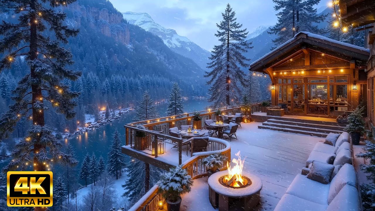 Winter Cafe Ambience with Cozy Fireplace ❄️Snowfall Terrace Caf&eacute; Ambience for Relax
