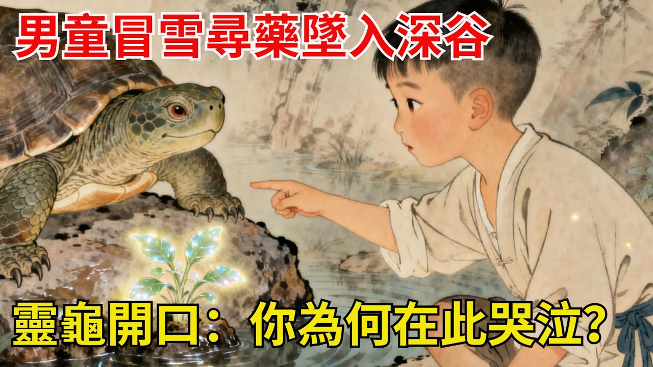7 歲男童為救重病母親冒雪尋藥，不慎失足墜入深谷，在崖下絕望之際，谷底忽有靈龜開口：孩子，妳為何在此哭泣？#故事頻道#民間故事#故事分享#中國文化#情感#聽書