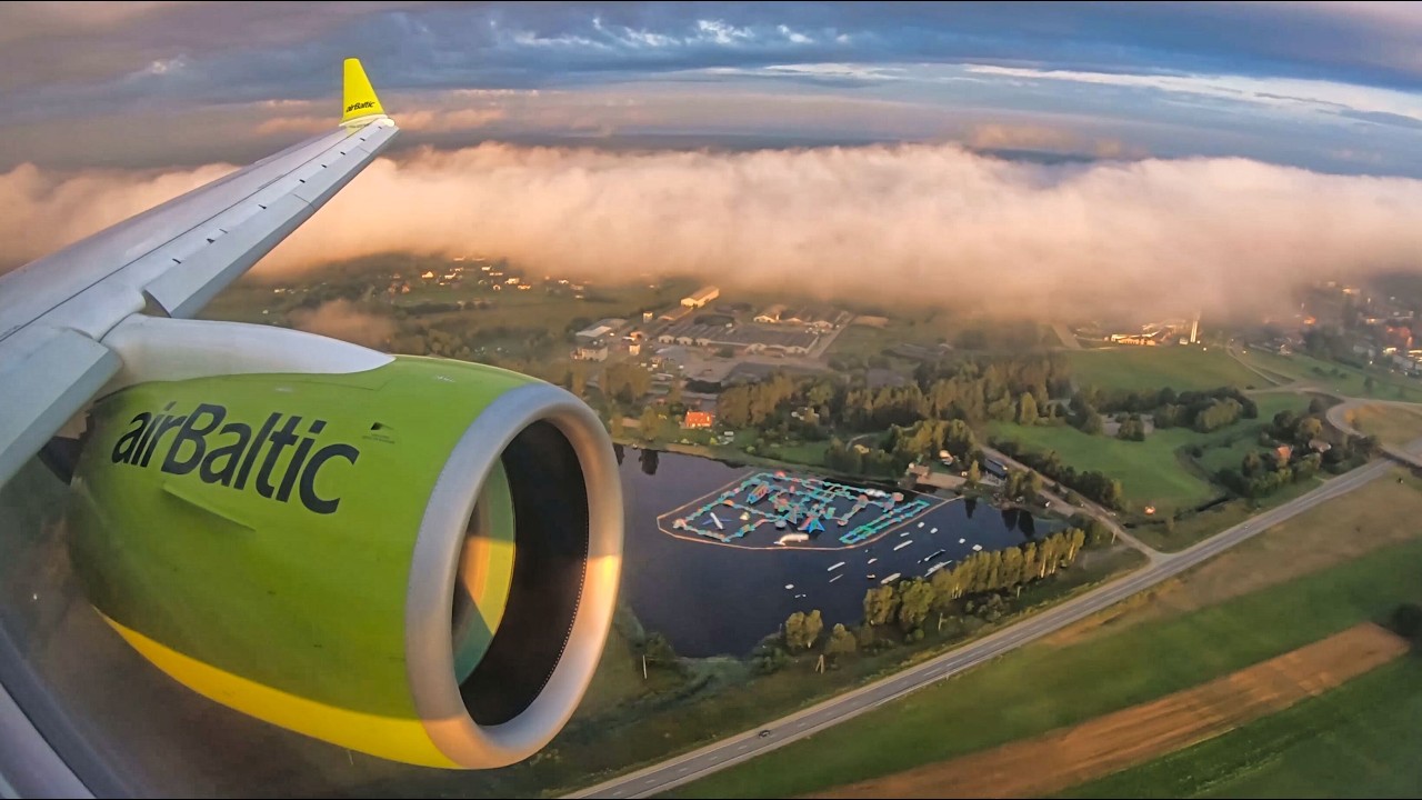 STUNNING SUNRISE LANDING | airBaltic Airbus A220-300 5AM Arrival at Riga (RIX)