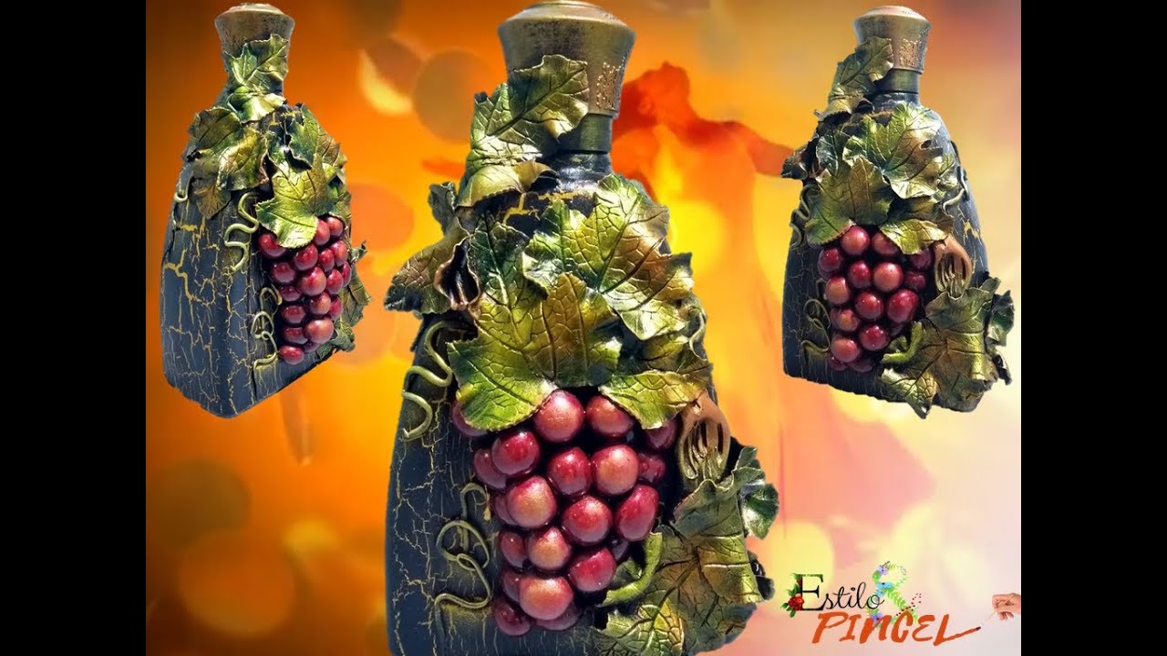 BOTELLA DECORADA CON UVAS EN PORCELANA FRÍA O POCELANICROM #elyosoy