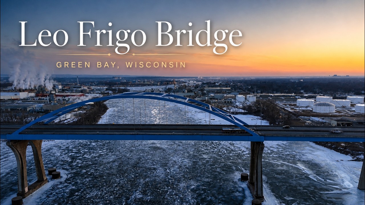 Frozen Frigo February | Leo Frigo Bridge Over the Fox River (Green Bay Sunset Drone)