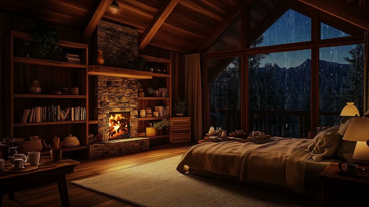 🌧️ Heavy Rain Outside a Cozy Mountain Cabin Bedroom | Window Rain & Fireplace Ambience | Deep Sleep