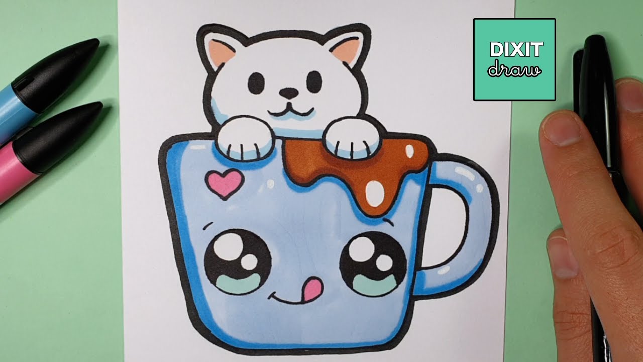Eine Kawaii Tasse mit einer niedlichen Katze darin Zeichnen #zeichnen