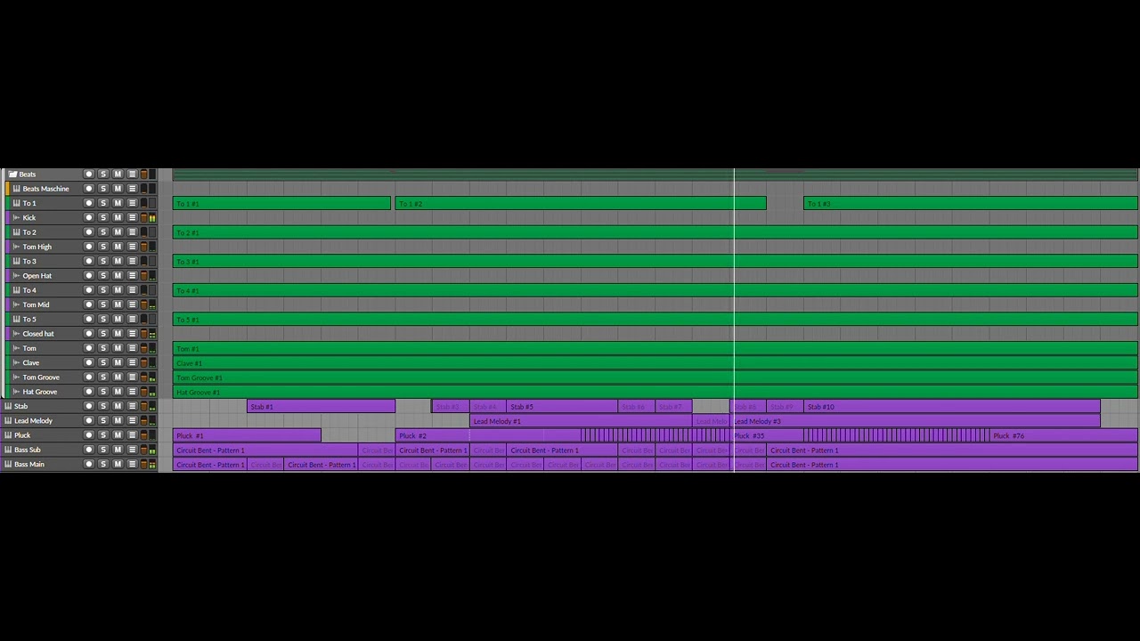 Peaktime Techno raw MIDI arrangement preview. Placeholder sounds.