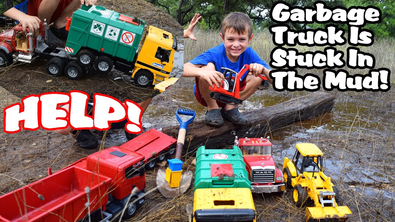 Garbage Truck Videos For Children l BRUDER GARBAGE TRUCK IS STUCK In The Mud! l Garbage Trucks Rule