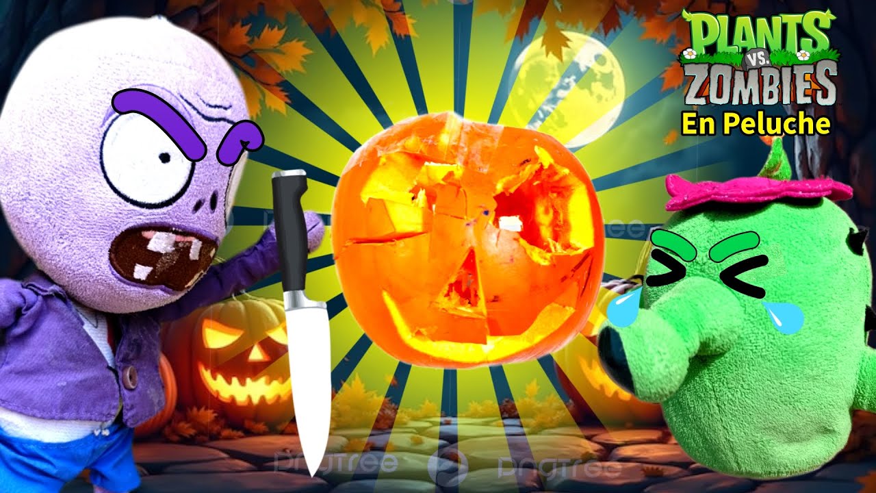 Plantas vs Zombies en Peluche: Zombie Púrpura  ARRUINA HALLOWEEN tallando una CALABAZA DEFORME 