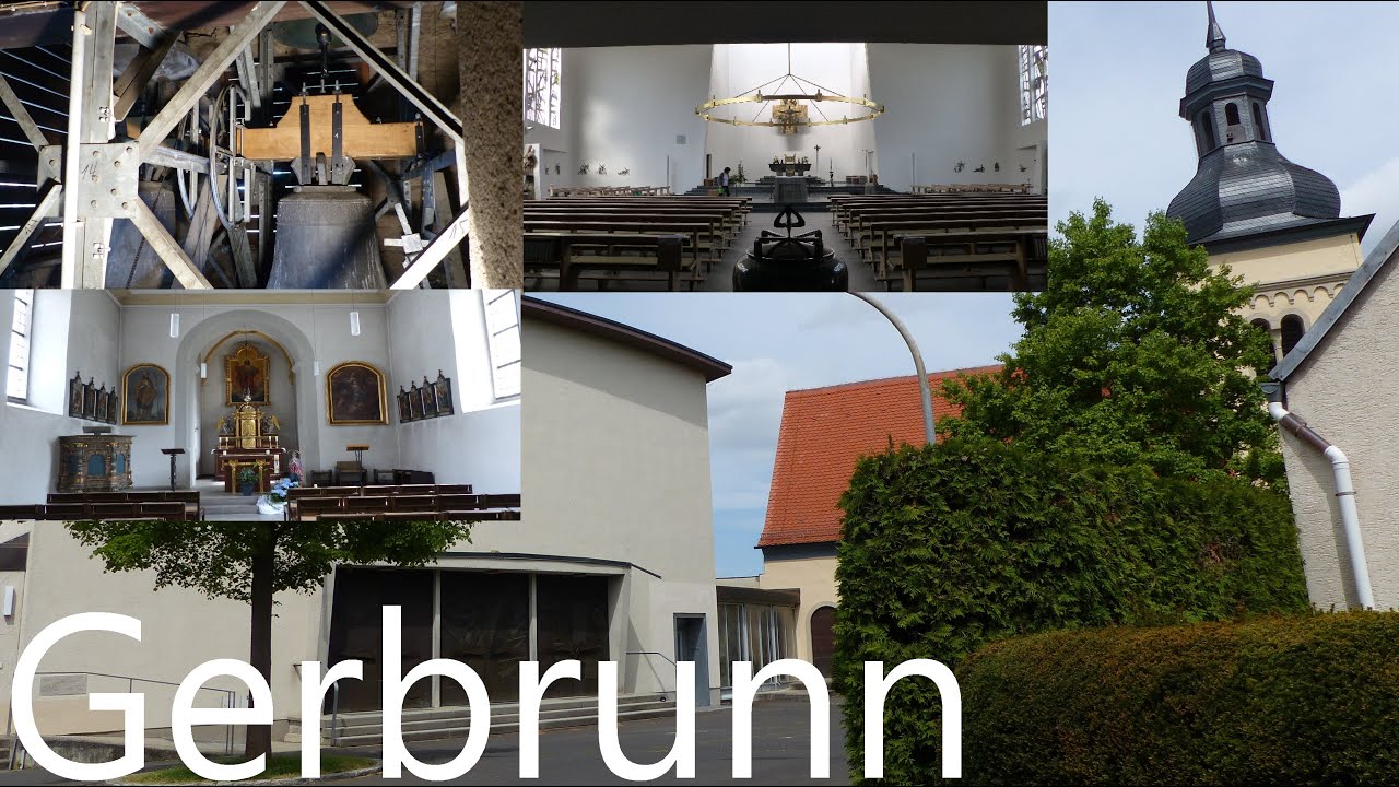 Gerbrunn (WÜ) Glockenkonzert der vier Glocken der neuen und alten Pfarrkirche (Turmaufnahme)