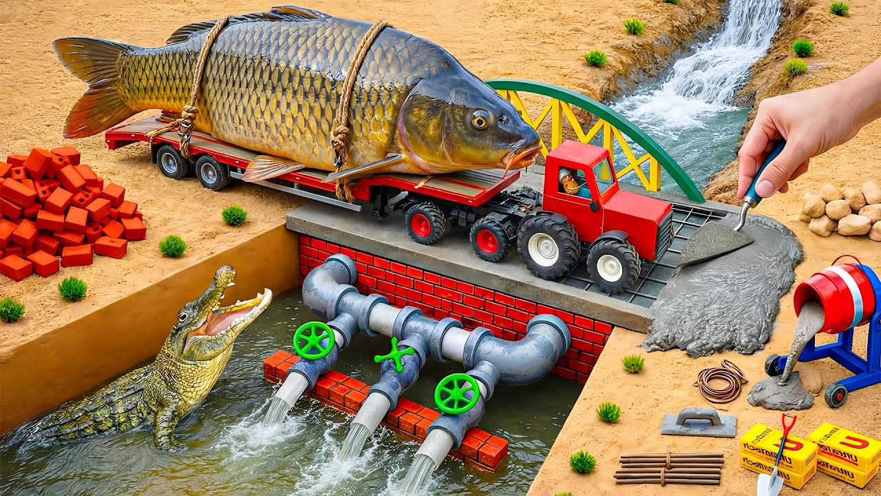 Crocodile Destroys Wooden Bridge | Science Project Builds a Strong Brick Bridge for the Fish Truck