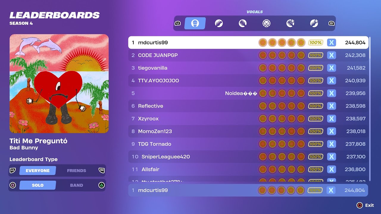 [Fortnite Festival S4] Tití Me Preguntó Expert Vocals 100% FC World Record